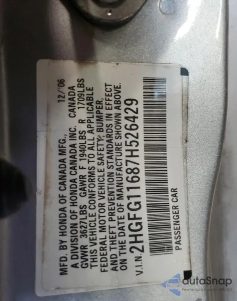 2007 Honda Civic Lx from USA, damaged, VIN 2HGFG11687H526429